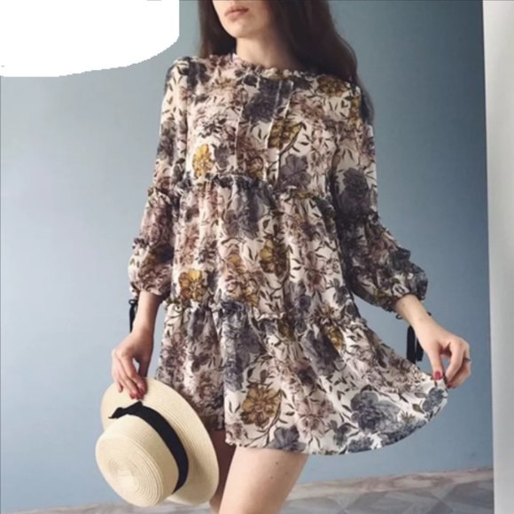 Boho Floral Print Tassel Long Sleeves Chiffon Dress - Picture 1 of 9